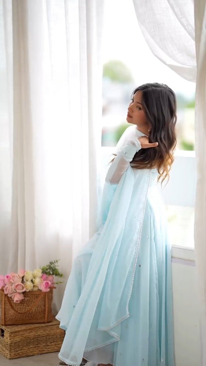 Ethereal Sky Blue Georgette Anarkali Suit Set – A Whisper of Serenity