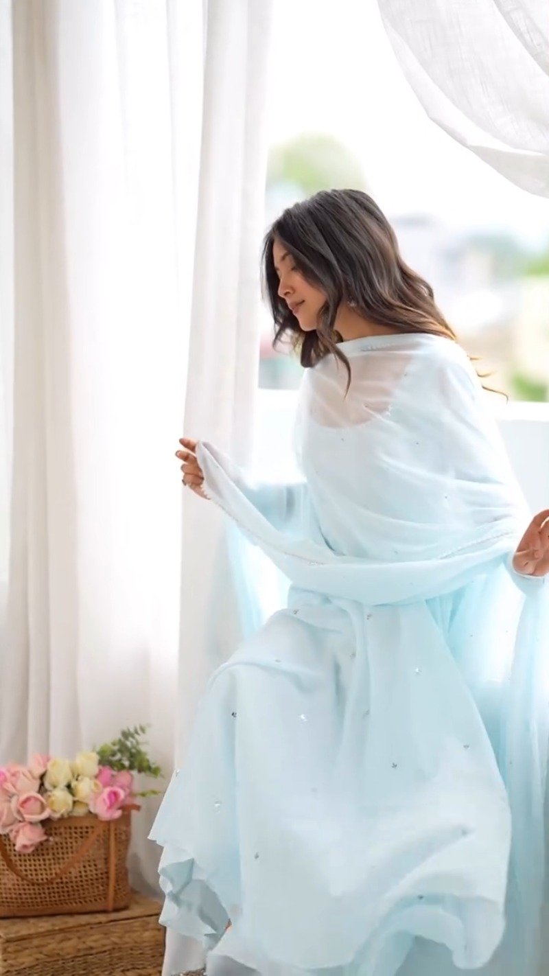 Ethereal Sky Blue Georgette Anarkali Suit Set – A Whisper of Serenity