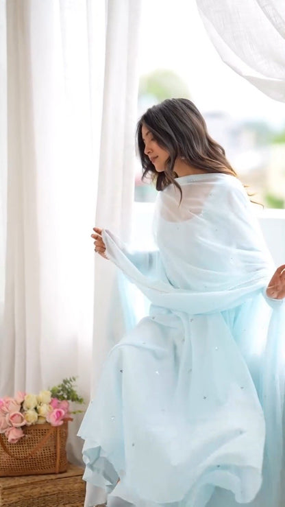 Ethereal Sky Blue Georgette Anarkali Suit Set – A Whisper of Serenity