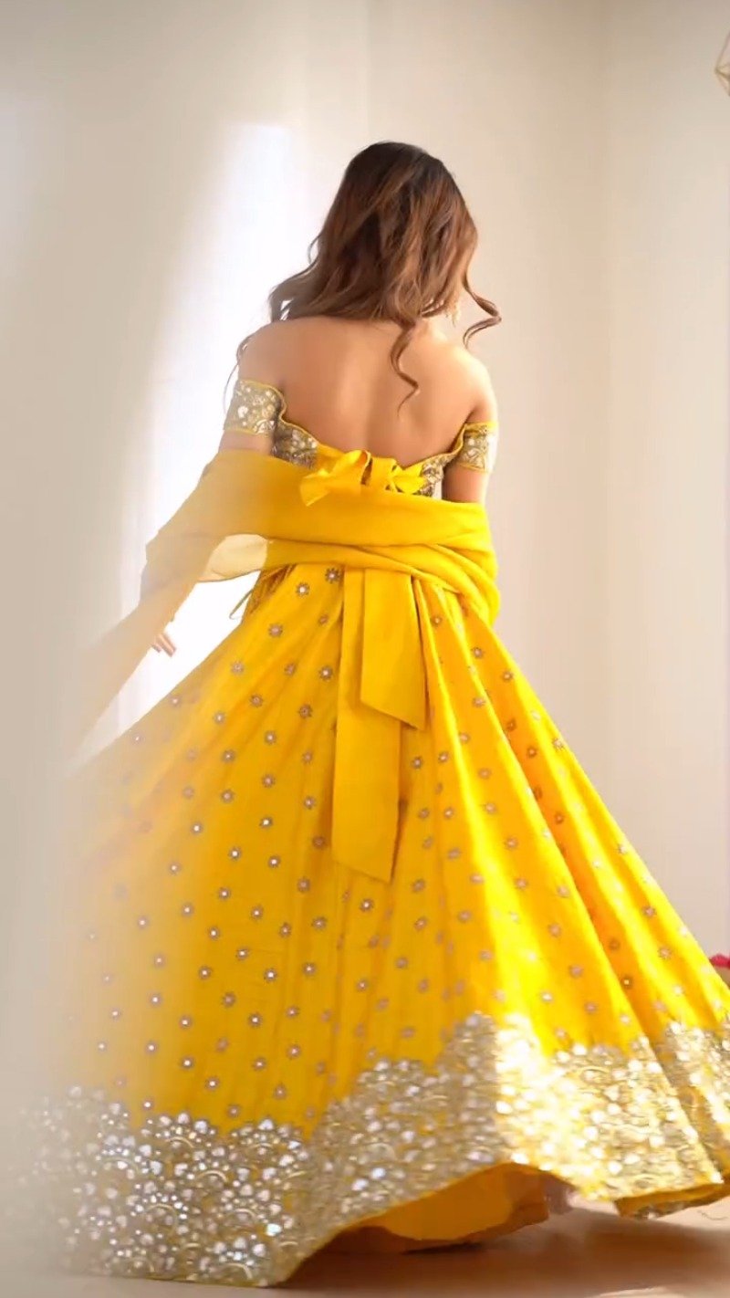 Radiant Sunlight Off-Shoulder Mirror Work Lehenga Set