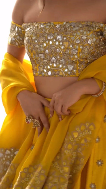 Radiant Sunlight Off-Shoulder Mirror Work Lehenga Set