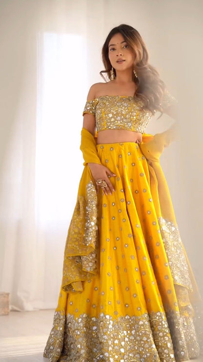 Radiant Sunlight Off-Shoulder Mirror Work Lehenga Set