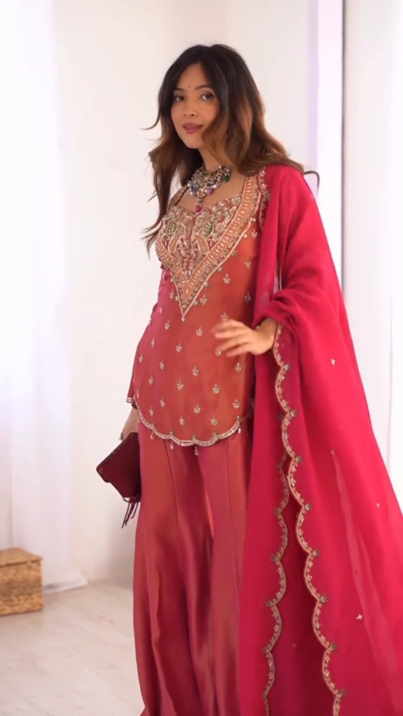 Scarlet Radiance Embroidered Sharara Set with Scalloped Dupatta