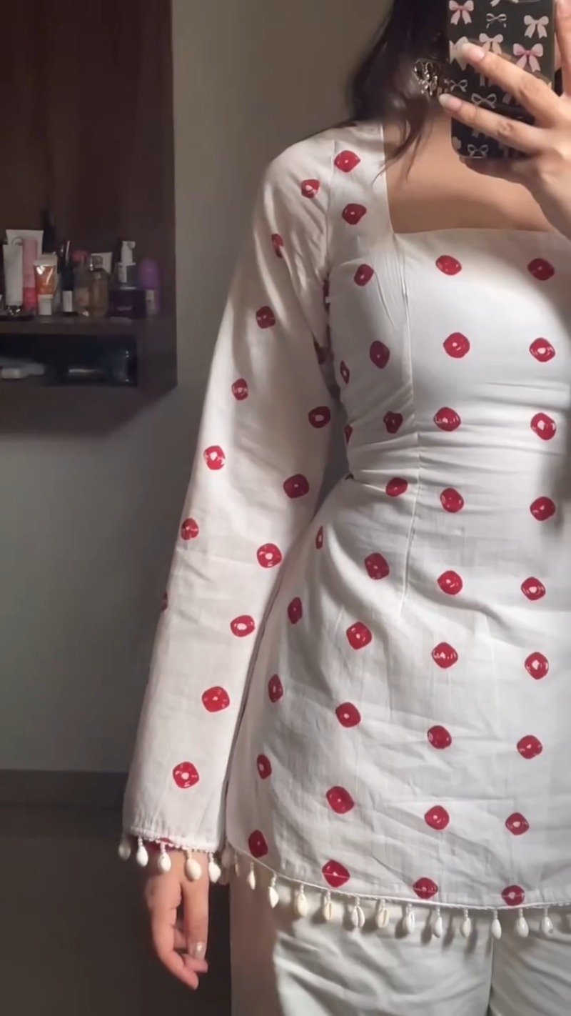 Chic White & Red Polka Dot Tassel Kurta Set