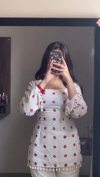 Chic White & Red Polka Dot Tassel Kurta Set