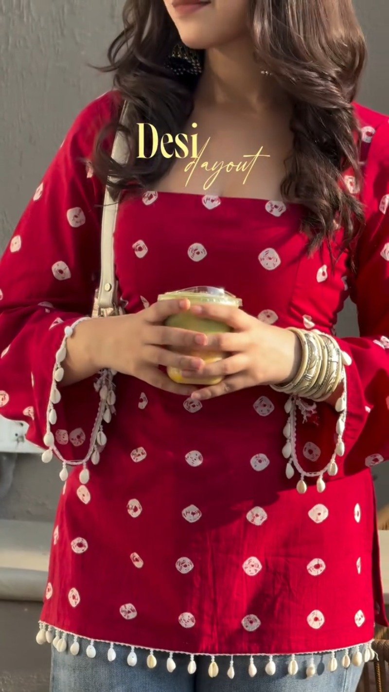 Crimson Bandhani Print Bell-Sleeved Kurti with Shell Trims