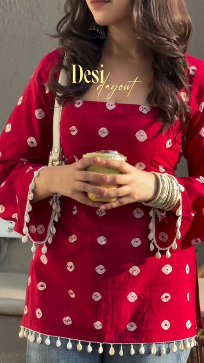Crimson Bandhani Print Bell-Sleeved Kurti with Shell Trims