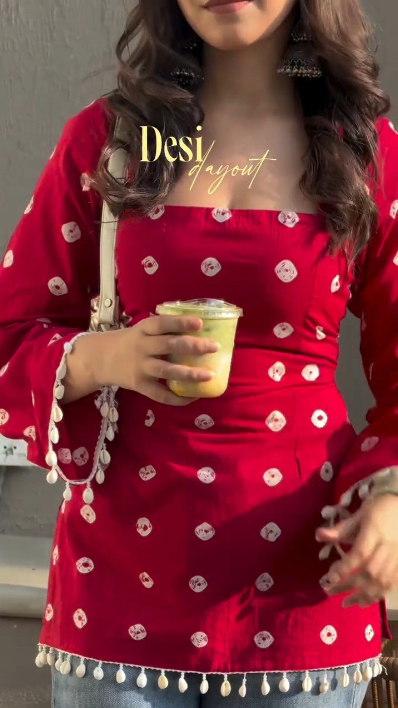 Crimson Bandhani Print Bell-Sleeved Kurti with Shell Trims