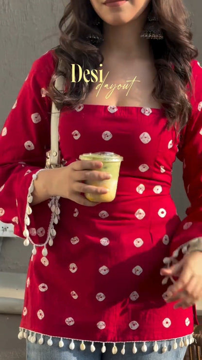 Crimson Bandhani Print Bell-Sleeved Kurti with Shell Trims