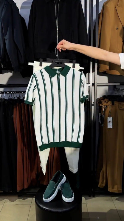 Contemporary Forest Green & White Striped Zipper Polo Set
