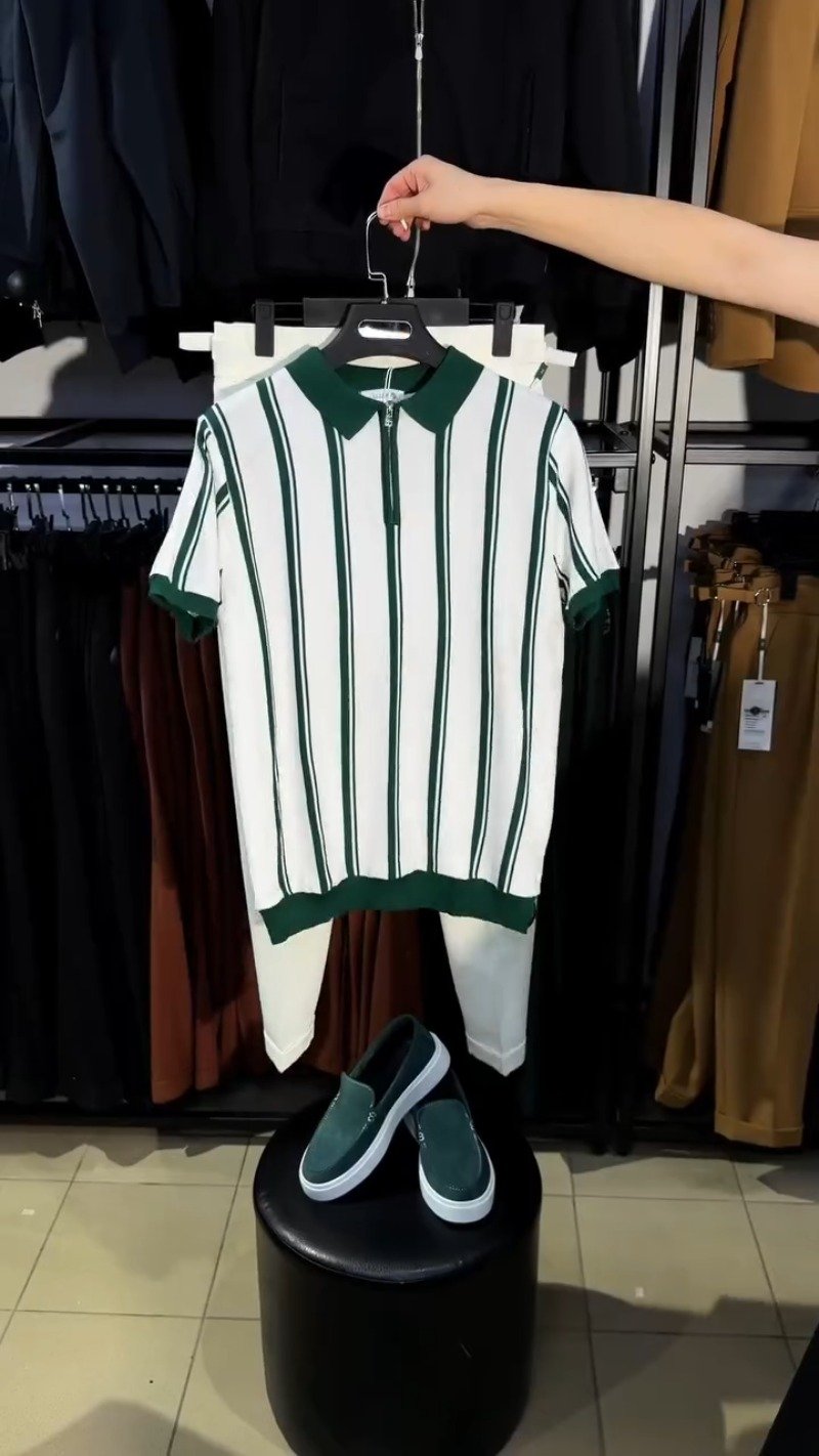Contemporary Forest Green & White Striped Zipper Polo Set