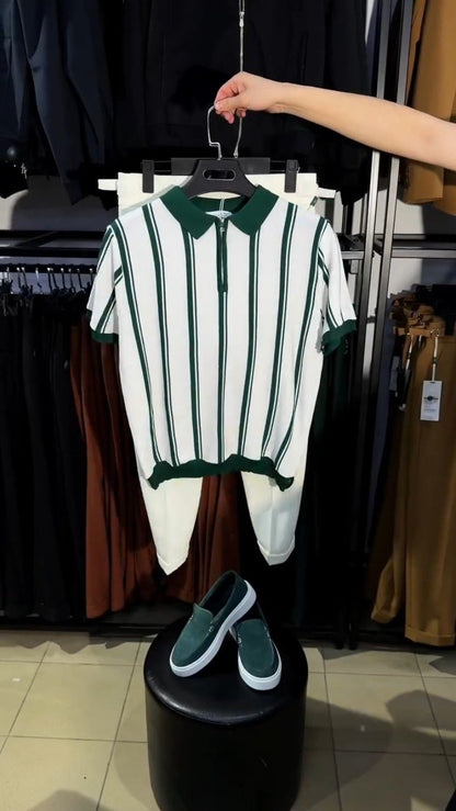 Contemporary Forest Green & White Striped Zipper Polo Set