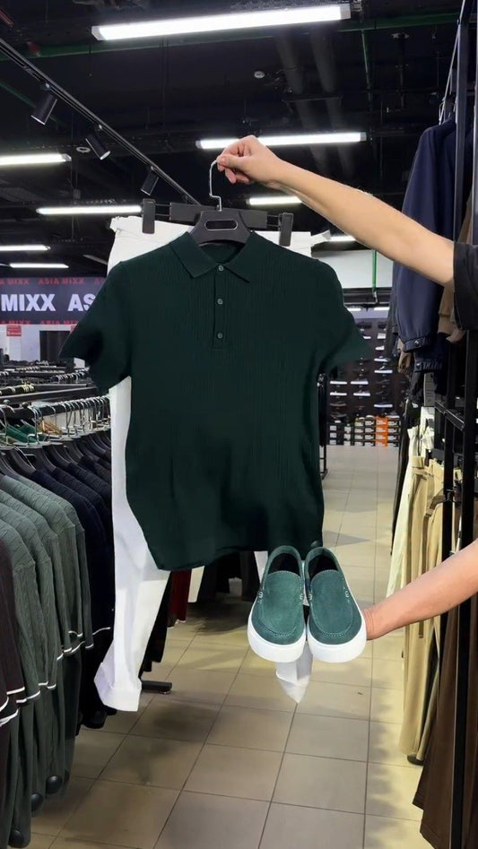 Forest Green Textured Polo & Suede Slip-On Ensemble