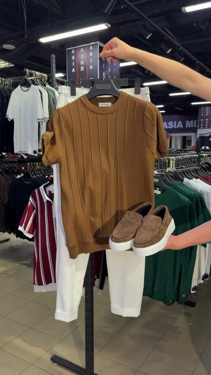 Urban Sophisticate Ribbed Knit Tee & Chino Set – Earthy Brown & Crisp White