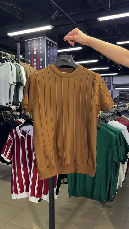 Urban Sophisticate Ribbed Knit Tee & Chino Set – Earthy Brown & Crisp White