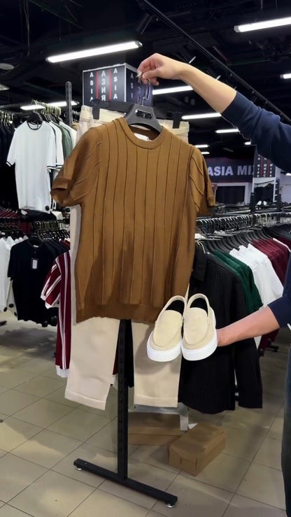 Minimalist Ribbed Knit Tee & Trouser Co-ord Set – Available in White, Brown, & Maroon