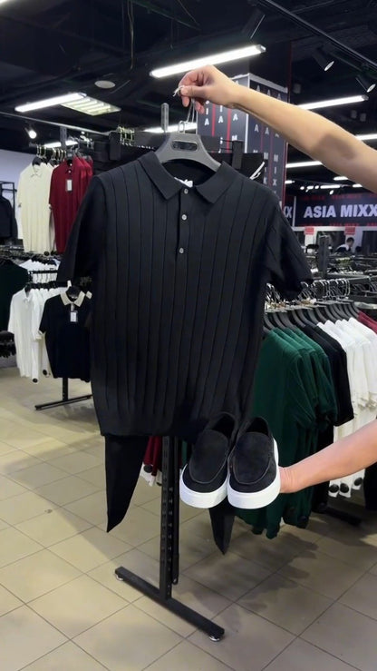 Modern Minimalist Ribbed Knit Polo & Trouser Co-ord Set – Available in Black, Brown & Burgundy