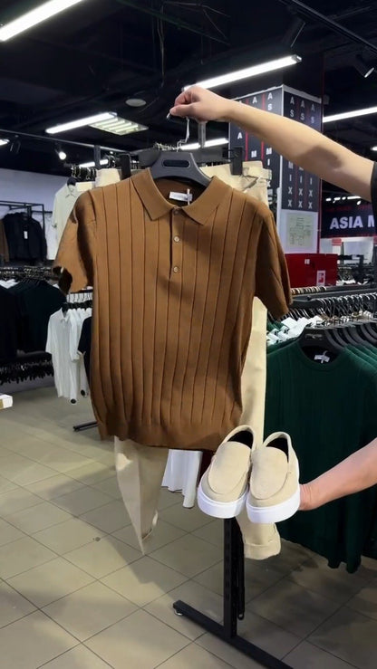 Modern Minimalist Ribbed Knit Polo & Trouser Co-ord Set – Available in Black, Brown & Burgundy
