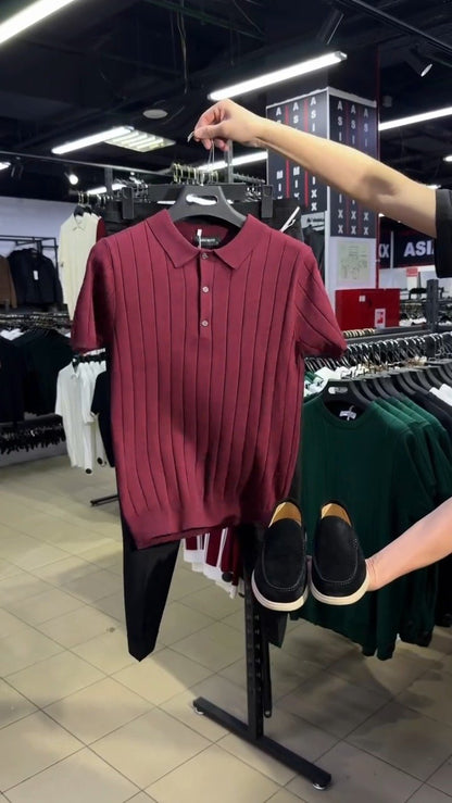 Modern Minimalist Ribbed Knit Polo & Trouser Co-ord Set – Available in Black, Brown & Burgundy