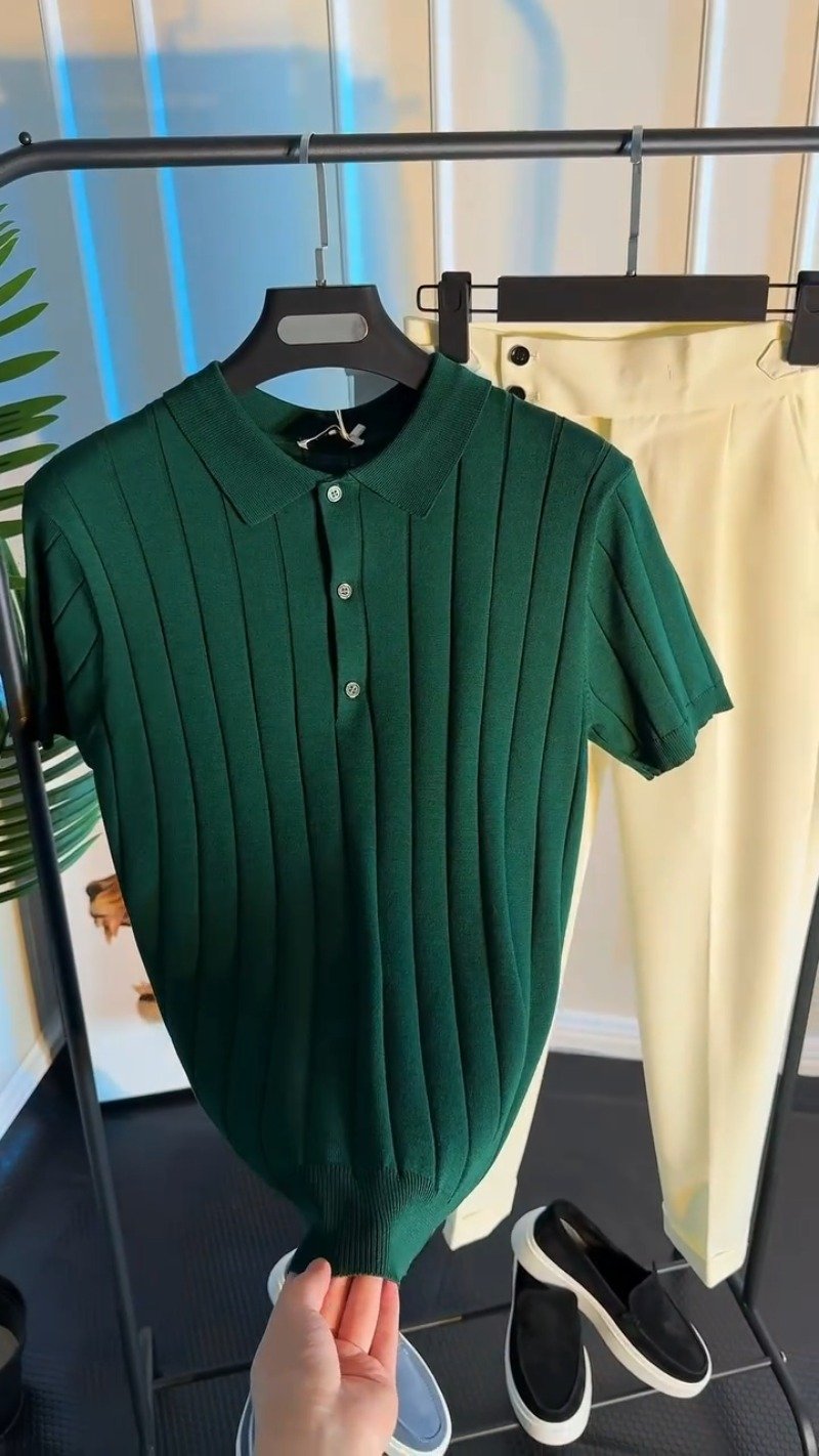 Verdant Forest Ribbed Knit Polo Shirt