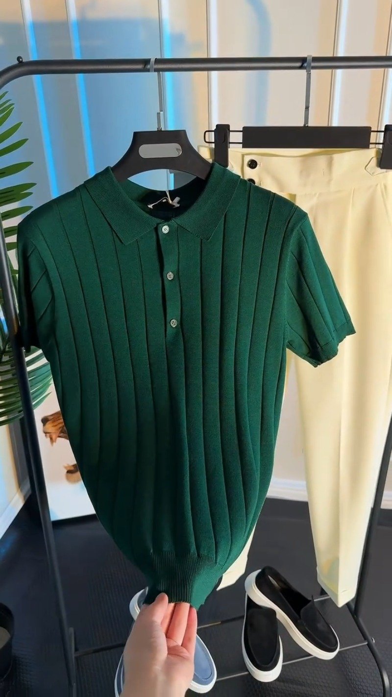 Verdant Forest Ribbed Knit Polo Shirt