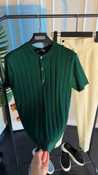 Verdant Forest Ribbed Knit Polo Shirt