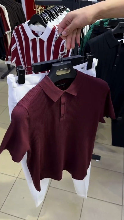 Minimalist Ribbed Polo & Trouser Co-ord Set – Available in Burgundy & Classic White