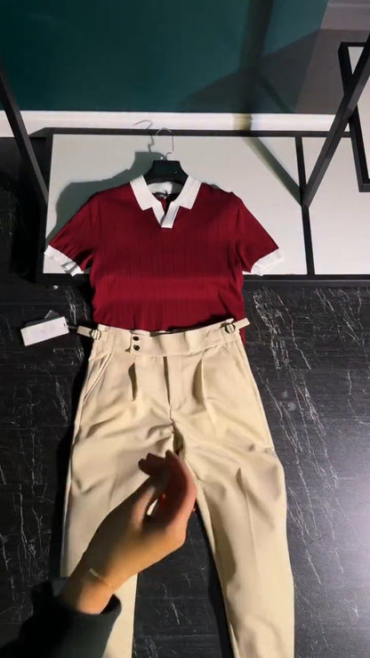 Modern Minimalist Polo-Style Co-ord Set in Deep Burgundy & Beige – Available in Burgundy & Beige