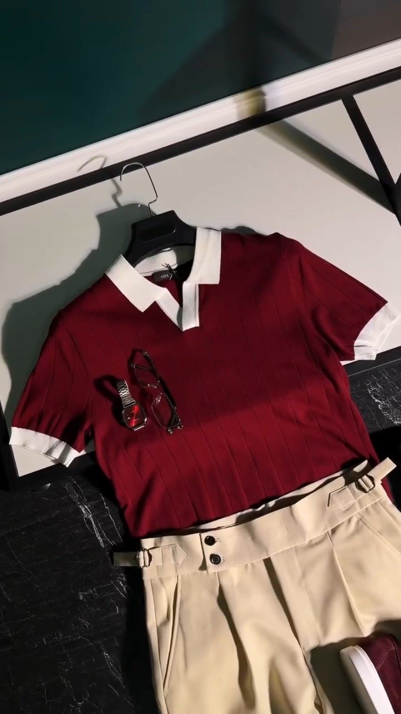 Modern Minimalist Polo-Style Co-ord Set in Deep Burgundy & Beige – Available in Burgundy & Beige