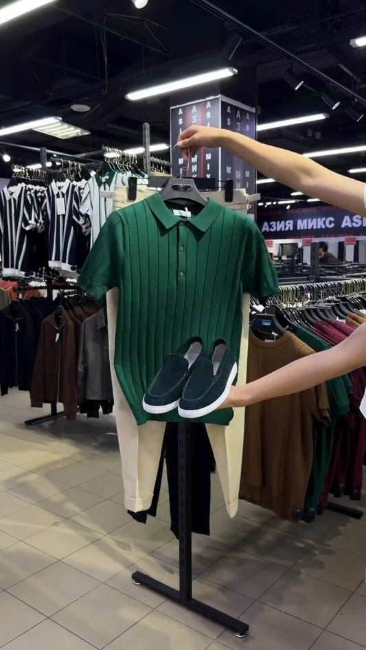 Modern Minimalist Ribbed Polo & Trouser Set – Available in Dark Forest Green & Classic Cream