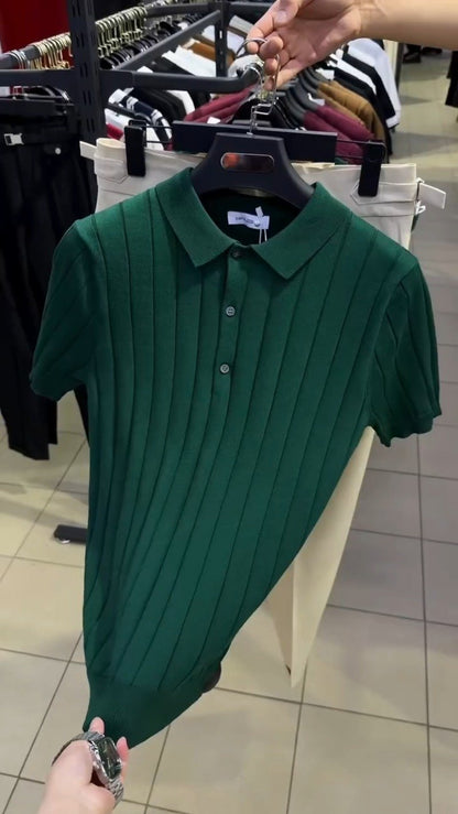 Modern Minimalist Ribbed Polo & Trouser Set – Available in Dark Forest Green & Classic Cream