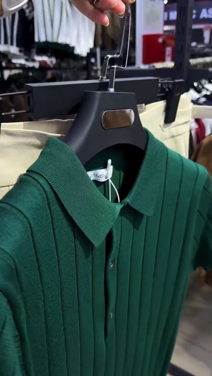 Modern Minimalist Ribbed Polo & Trouser Set – Available in Dark Forest Green & Classic Cream