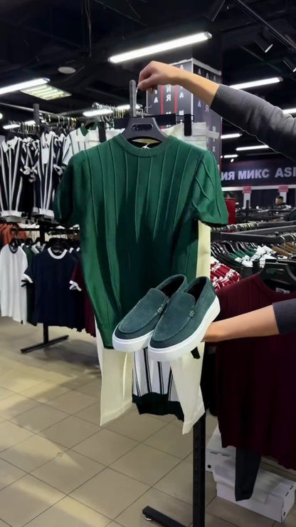 Minimalist Ribbed Knit T-Shirt and Suede Slip-On Set – Available in White, Emerald Green, Earthy Brown & Deep Burgundy