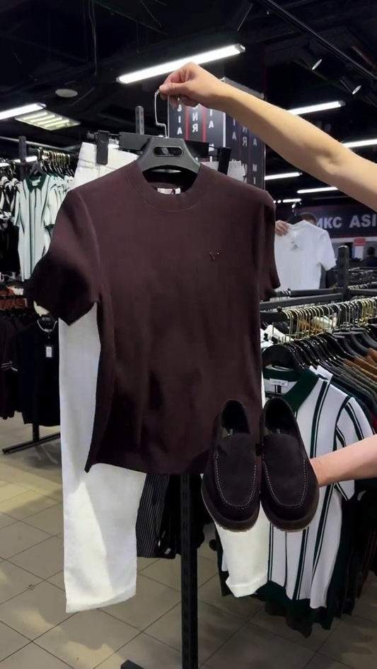 Minimalist Espresso Brown Textured Cotton Tee with White Trousers – Available in Espresso Brown