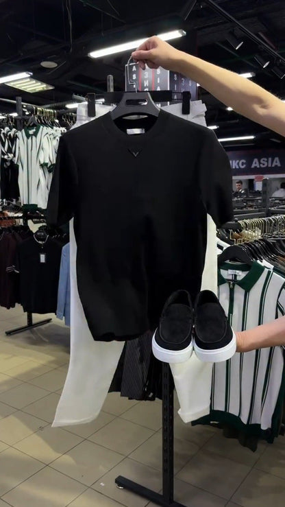 Minimalist Casual Tee & Pant Co-ord Set with Suede Slip-ons – Available in Jet Black & Off-White