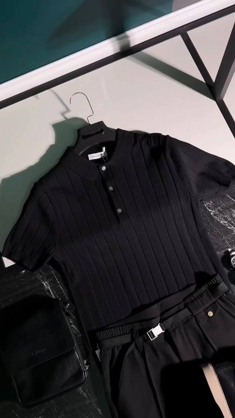 Urban Monochrome Ribbed Polo & Trouser Co-ord Set