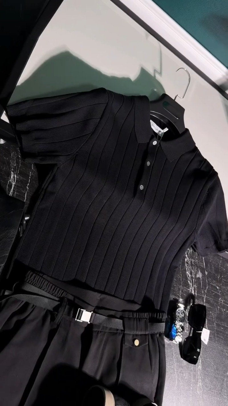 Urban Monochrome Ribbed Polo & Trouser Co-ord Set