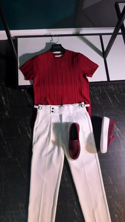 Modern Minimalist Ribbed Knit Ensemble – Available in Maroon & White