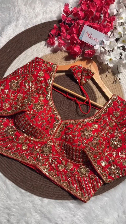 Opulent Hand-Embellished Zardosi Designer Blouse – Available in Red, Purple, Teal & Burnt Orange