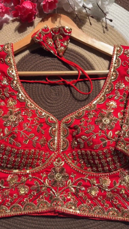 Opulent Hand-Embellished Zardosi Designer Blouse – Available in Red, Purple, Teal & Burnt Orange