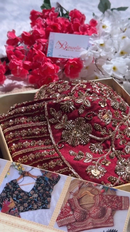 Opulent Hand-Embellished Zardosi Designer Blouse – Available in Red, Purple, Teal & Burnt Orange