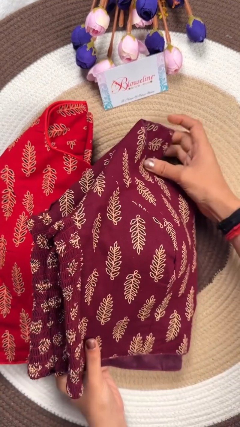 Classic Fern Leaf Print Smocked Blouse – Available in Red, Maroon & Navy Blue