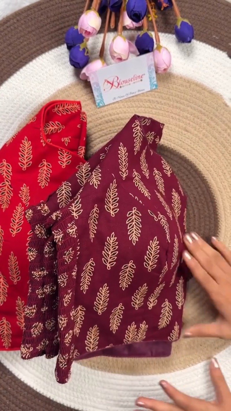 Classic Fern Leaf Print Smocked Blouse – Available in Red, Maroon & Navy Blue