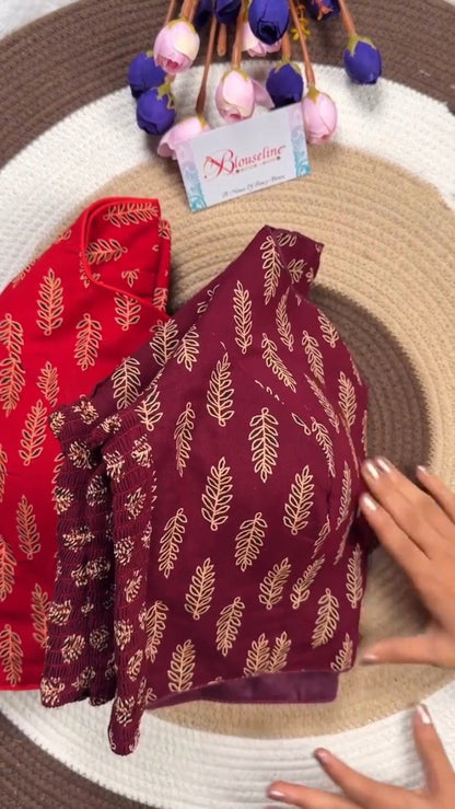 Classic Fern Leaf Print Smocked Blouse – Available in Red, Maroon & Navy Blue