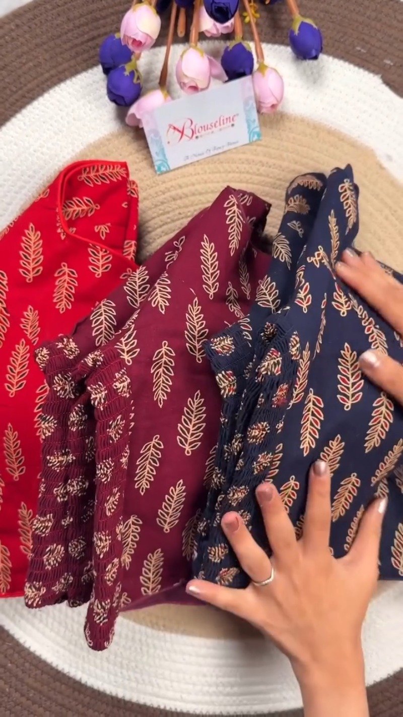 Classic Fern Leaf Print Smocked Blouse – Available in Red, Maroon & Navy Blue