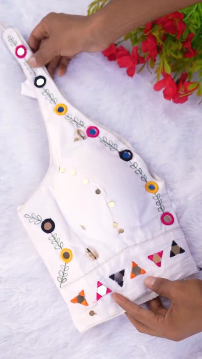 Boho-Chic Mirror Work Halter Neck Crop Top – A Summer Essential