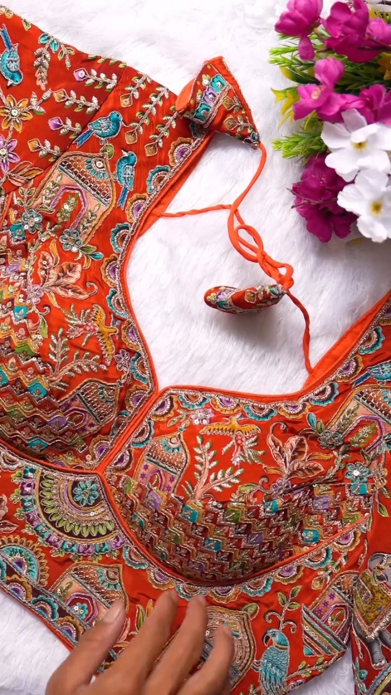 Ornate Zardosi & Bird Motif Embellished Designer Blouse – Exclusive Orange Artisan Collection