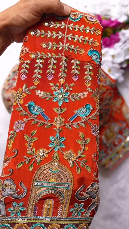 Ornate Zardosi & Bird Motif Embellished Designer Blouse – Exclusive Orange Artisan Collection