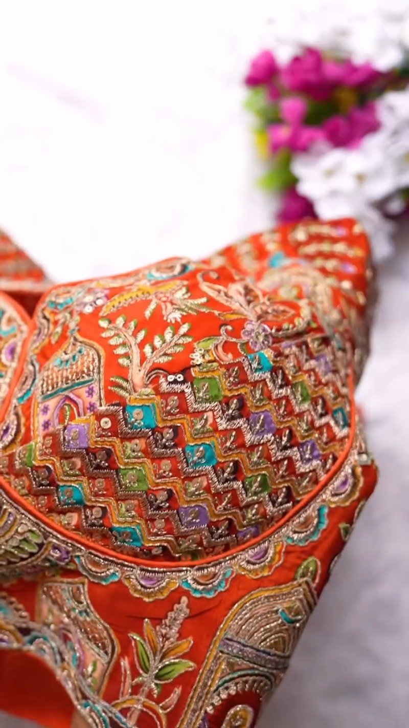 Ornate Zardosi & Bird Motif Embellished Designer Blouse – Exclusive Orange Artisan Collection