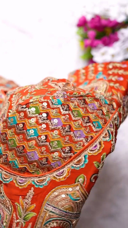 Ornate Zardosi & Bird Motif Embellished Designer Blouse – Exclusive Orange Artisan Collection